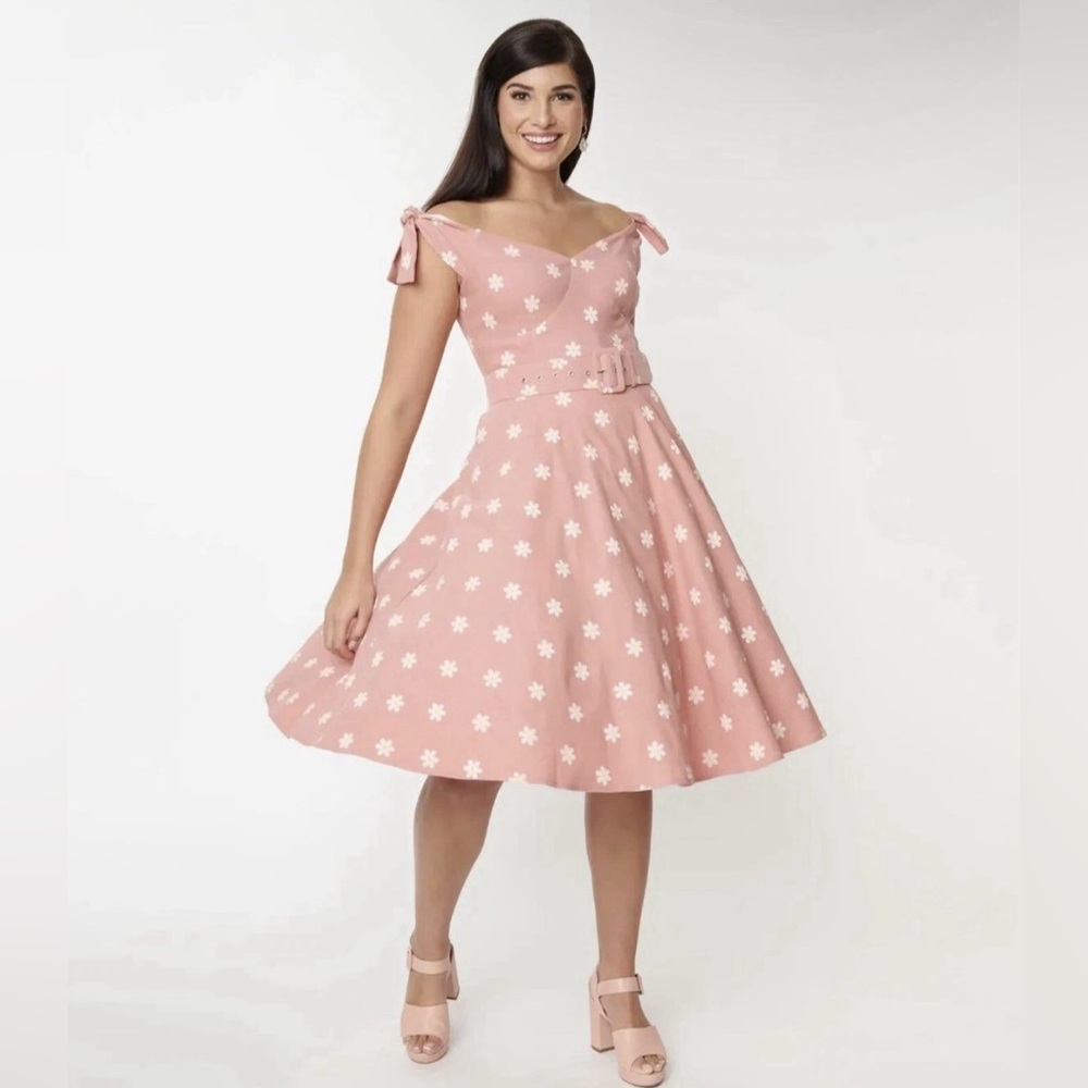 Unique Vintage 50s Prairie Daisy Swing Dress in Powder Pink, Size Large, NWT! - Picture 3 of 16